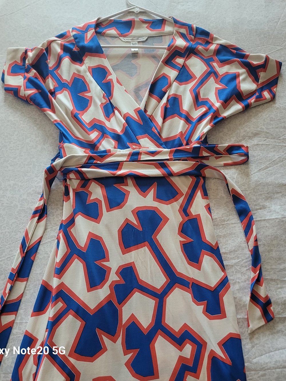 Diane Von Furstenberg Geometric Wrap Dress in Blue, Coral and Cream - Picture 2 of 4